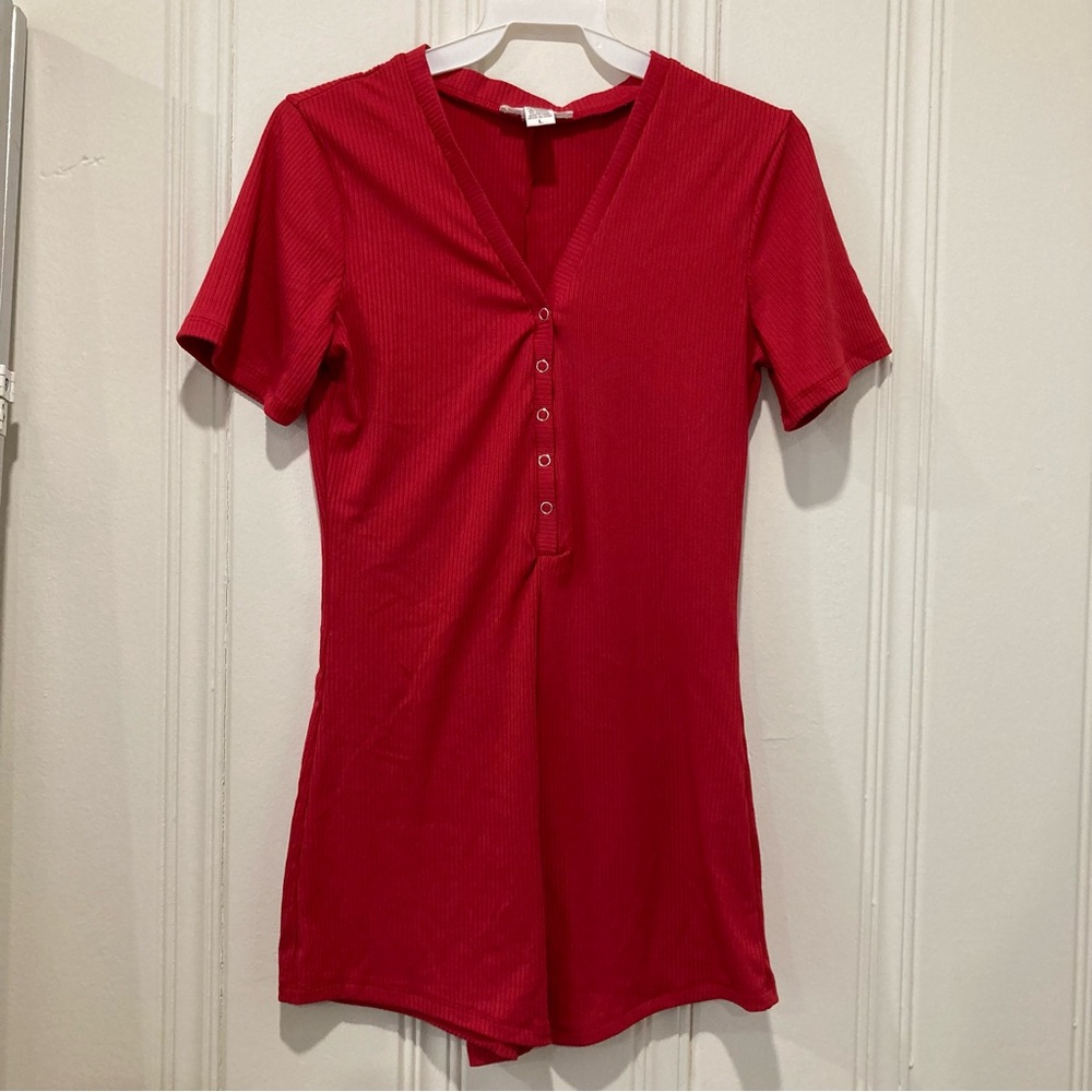 romper short red button down vneck